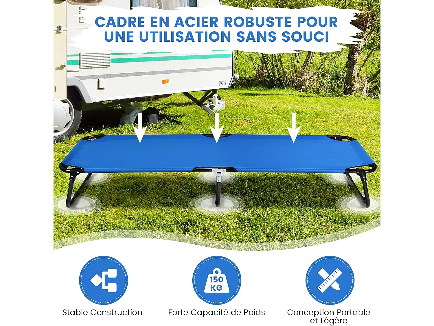 Bain de soleil Lit de Camp Pliable en Tissu et velours Oxford avec Tubes Métalliques Épaissis, Compatible Sac de Couchage, 190x56x30 cm, Bleu, 150kg