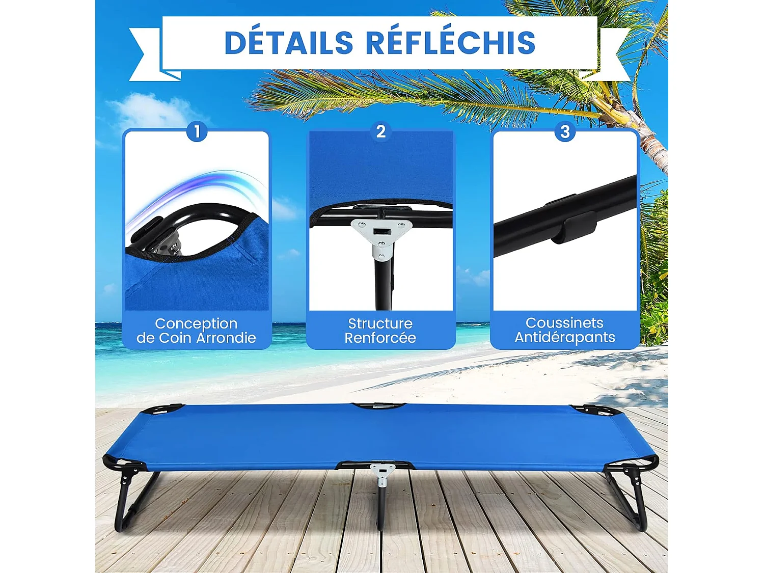 Bain de soleil Lit de Camp Pliable en Tissu et velours Oxford avec Tubes Métalliques Épaissis, Compatible Sac de Couchage, 190x56x30 cm, Bleu, 150kg