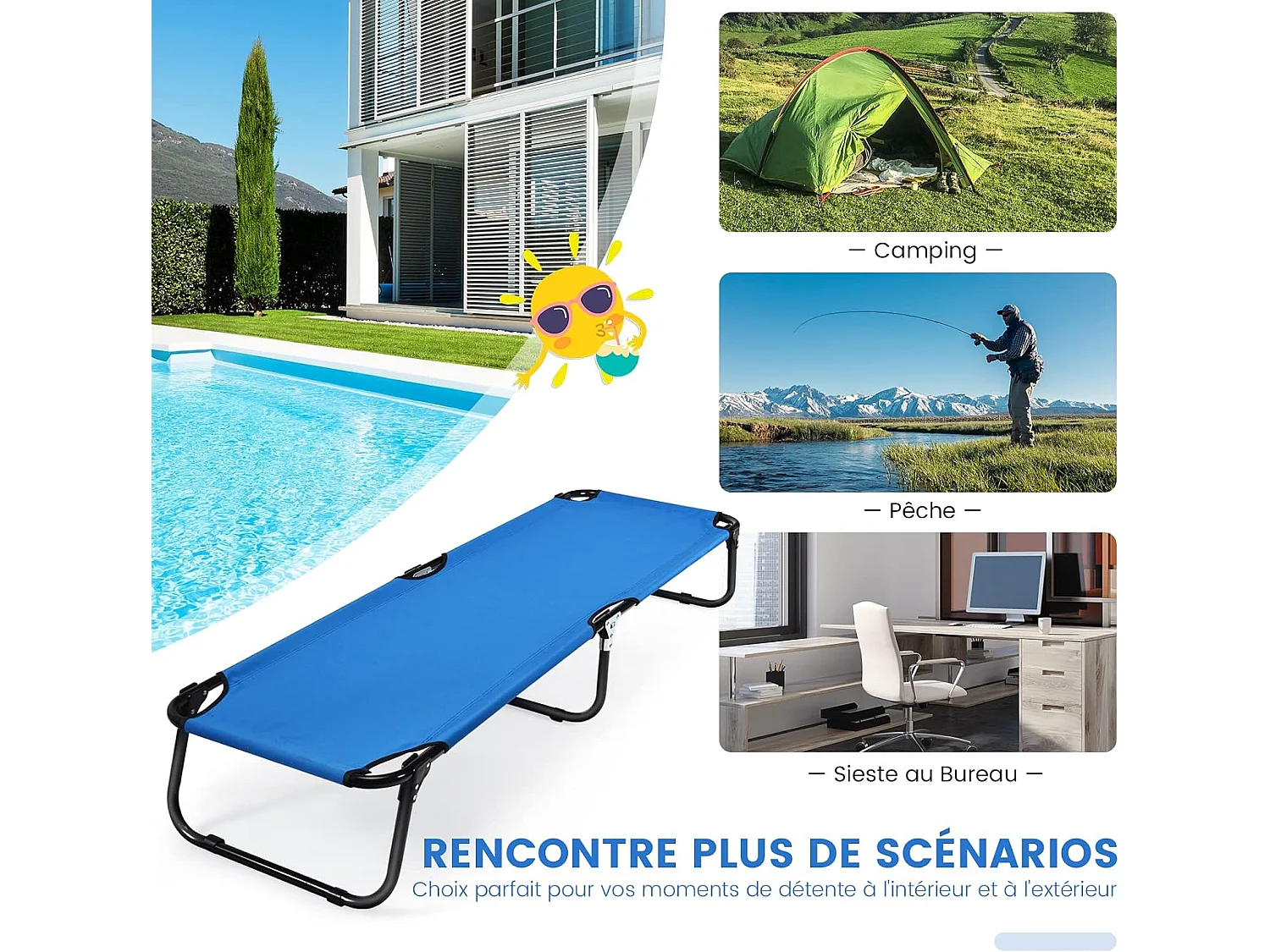 Bain de soleil Lit de Camp Pliable en Tissu et velours Oxford avec Tubes Métalliques Épaissis, Compatible Sac de Couchage, 190x56x30 cm, Bleu, 150kg