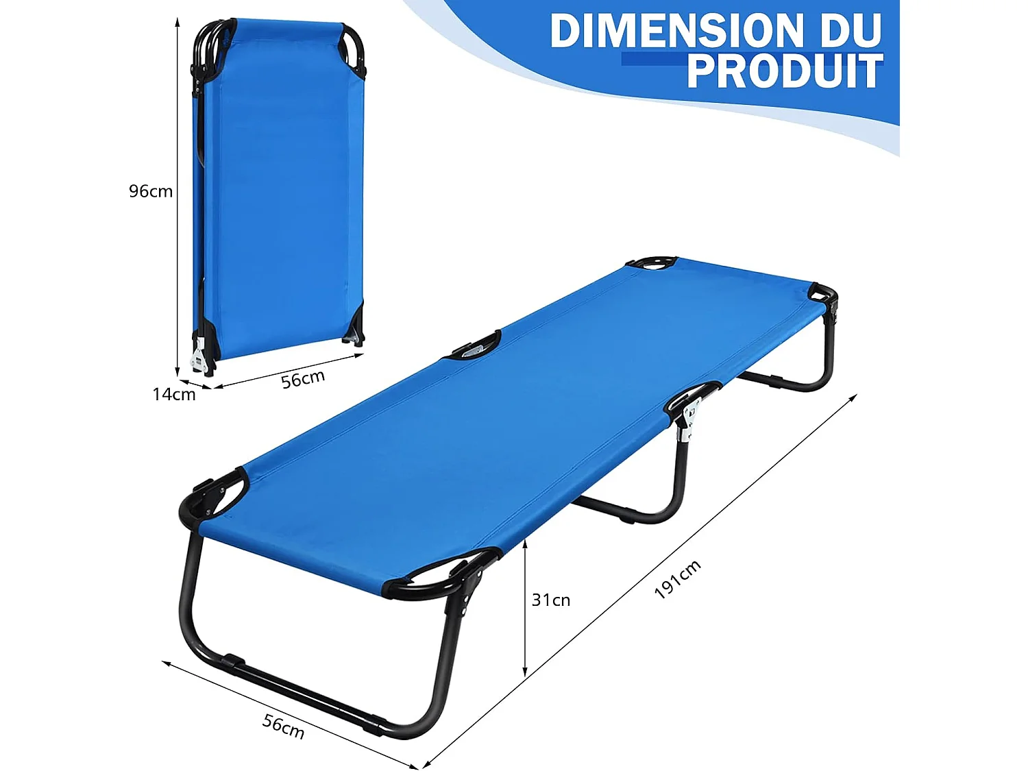 Bain de soleil Lit de Camp Pliable en Tissu et velours Oxford avec Tubes Métalliques Épaissis, Compatible Sac de Couchage, 190x56x30 cm, Bleu, 150kg