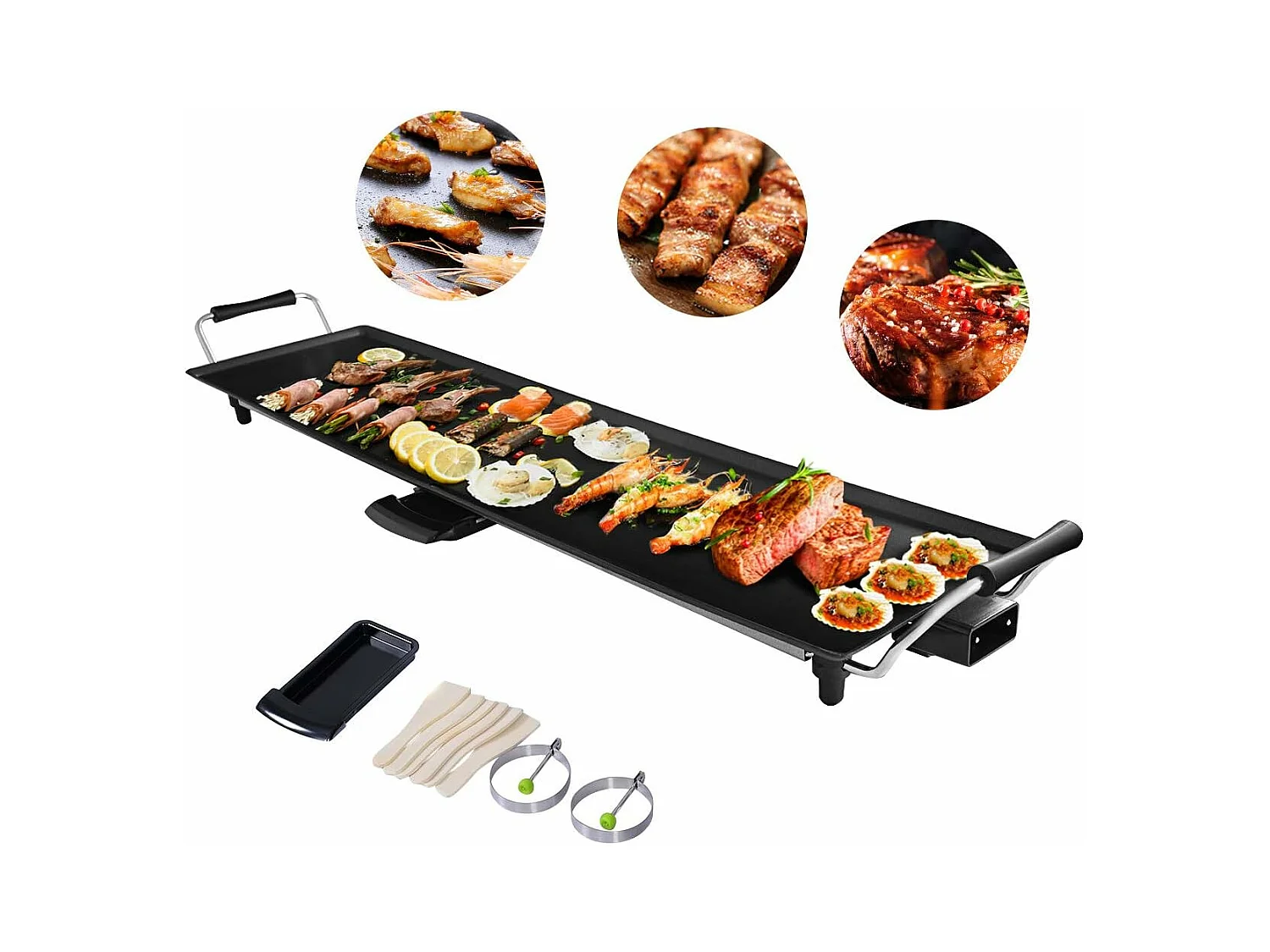 Plancha Electrique Antiadhésive 90X23CM avec 6 Spatules,1800W-230V,50HZContrôle de Thermostat Adjustable 5 Niveaux,Tiroir Collecteur d’Huile