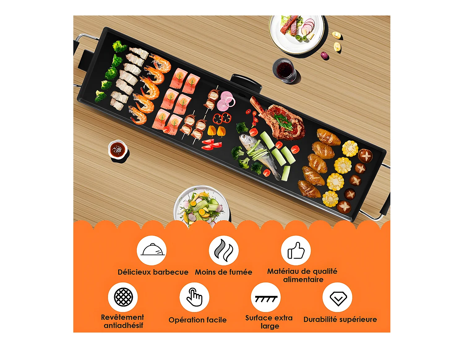 Plancha Electrique Antiadhésive 90X23CM avec 6 Spatules,1800W-230V,50HZContrôle de Thermostat Adjustable 5 Niveaux,Tiroir Collecteur d’Huile