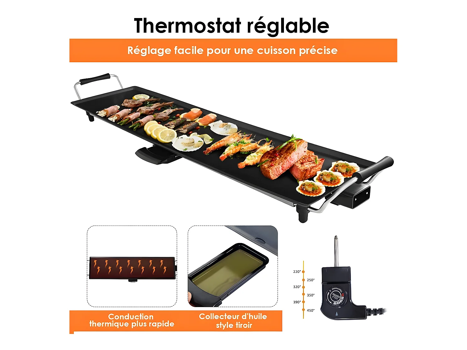 Plancha Electrique Antiadhésive 90X23CM avec 6 Spatules,1800W-230V,50HZContrôle de Thermostat Adjustable 5 Niveaux,Tiroir Collecteur d’Huile