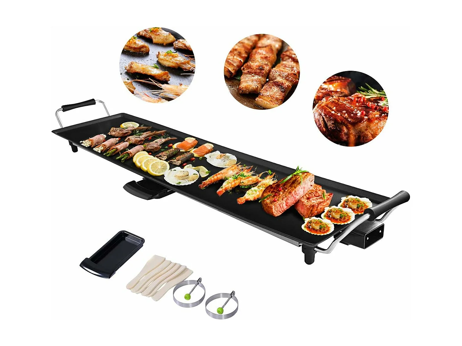 Plancha Electrique Antiadhésive 90X23CM avec 6 Spatules,1800W-230V,50HZContrôle de Thermostat Adjustable 5 Niveaux,Tiroir Collecteur d’Huile