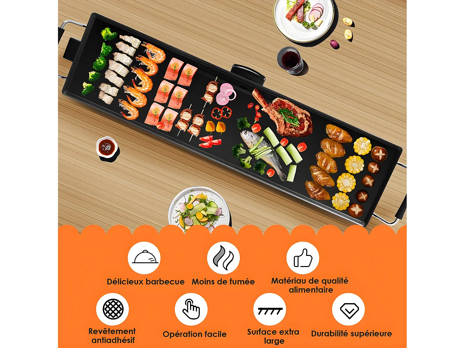 Plancha Electrique Antiadhésive 90X23CM avec 6 Spatules,1800W-230V,50HZContrôle de Thermostat Adjustable 5 Niveaux,Tiroir Collecteur d’Huile