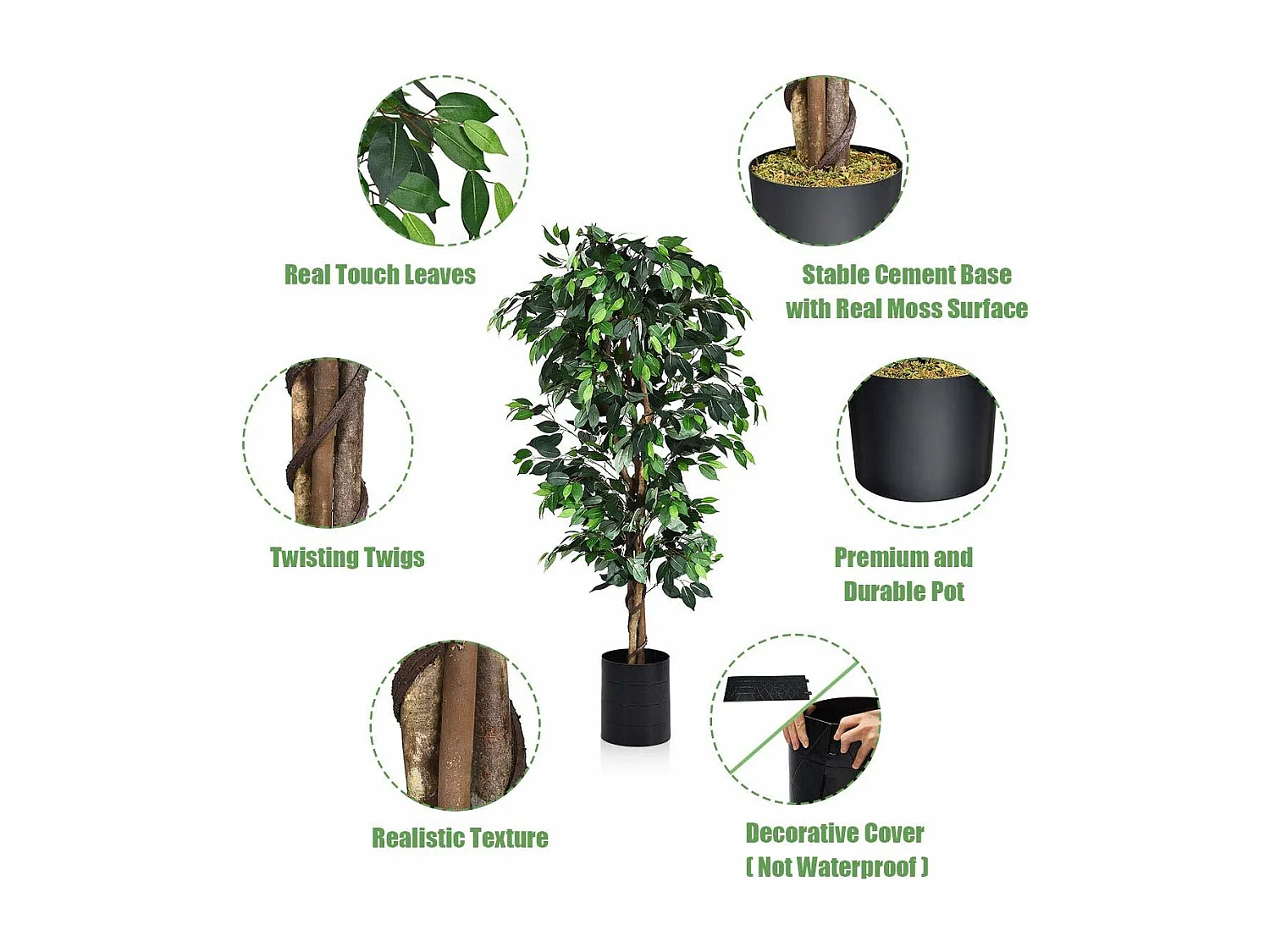 Arbre Artificiel, Plante Artificielle en Pot, Hauteur 180cm,1008 Feuilles et Tige Naturelle, sans Entretien, pour la Décoration de Jardin, Maison, Bureau etc.