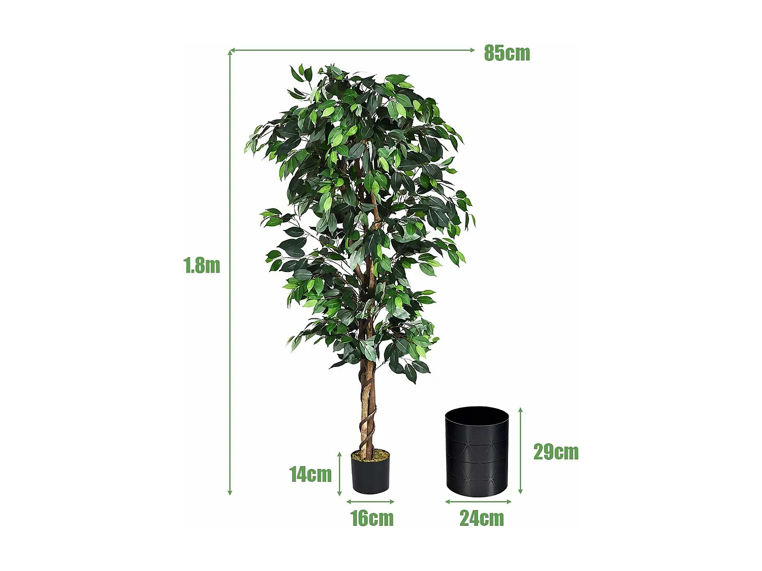 Arbre Artificiel, Plante Artificielle en Pot, Hauteur 180cm,1008 Feuilles et Tige Naturelle, sans Entretien, pour la Décoration de Jardin, Maison, Bureau etc.