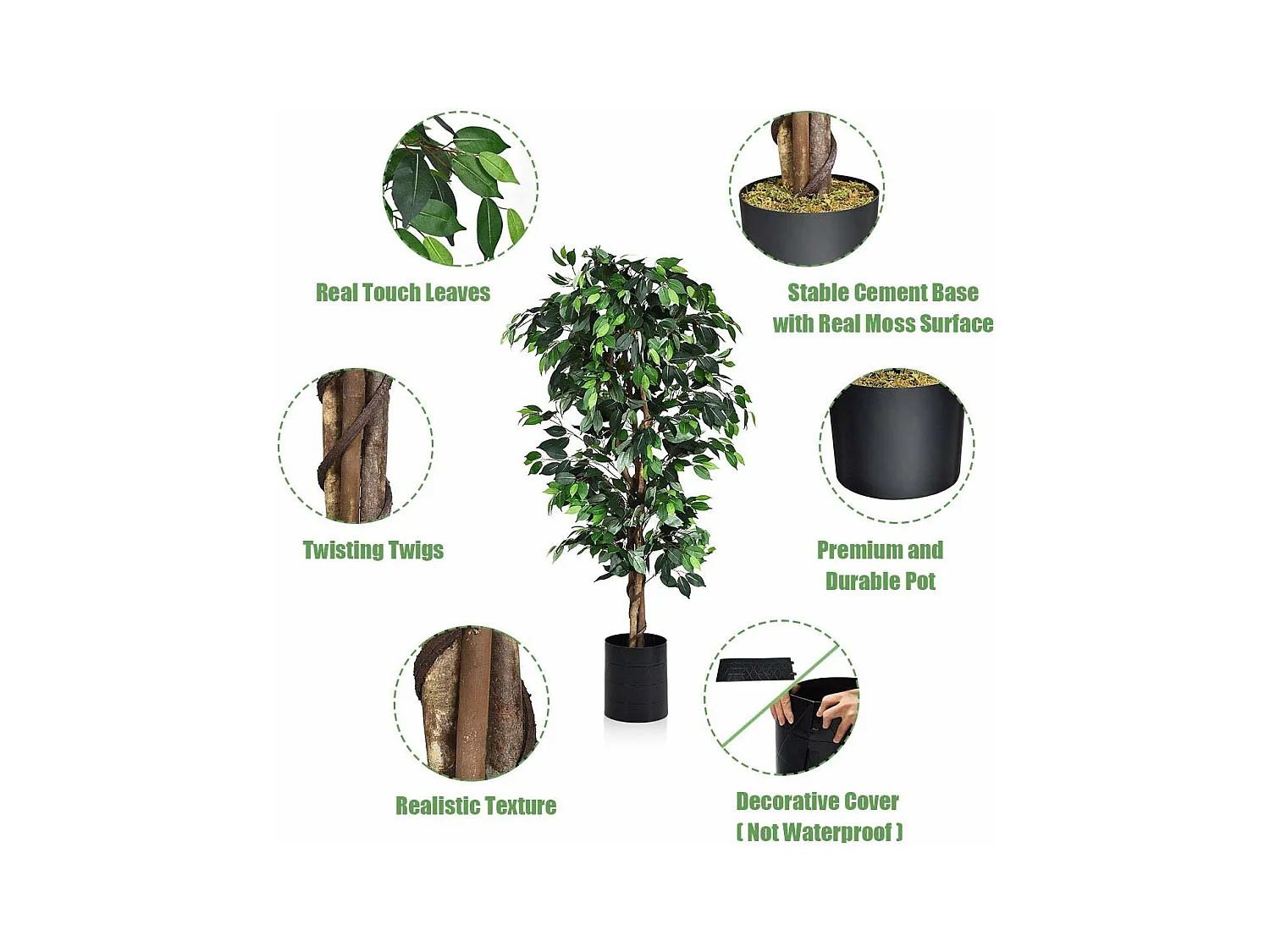 Arbre Artificiel, Plante Artificielle en Pot, Hauteur 180cm,1008 Feuilles et Tige Naturelle, sans Entretien, pour la Décoration de Jardin, Maison, Bureau etc.