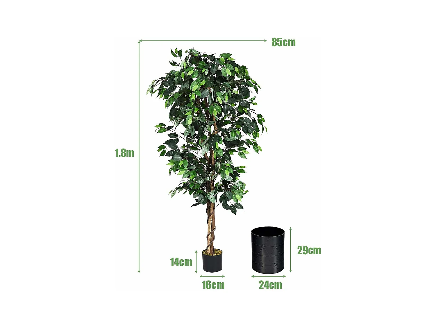Arbre Artificiel, Plante Artificielle en Pot, Hauteur 180cm,1008 Feuilles et Tige Naturelle, sans Entretien, pour la Décoration de Jardin, Maison, Bureau etc.