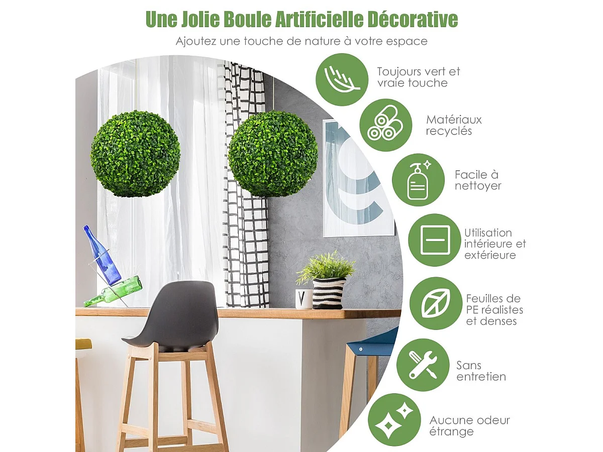 2 Boules de Buis Artificielles 40 cm Résistantes aux UV, Plantes de Faux en Boules Topiaire, Décoratives pour Intérieur Extérieur de Porche Balcon Jardin Mariage