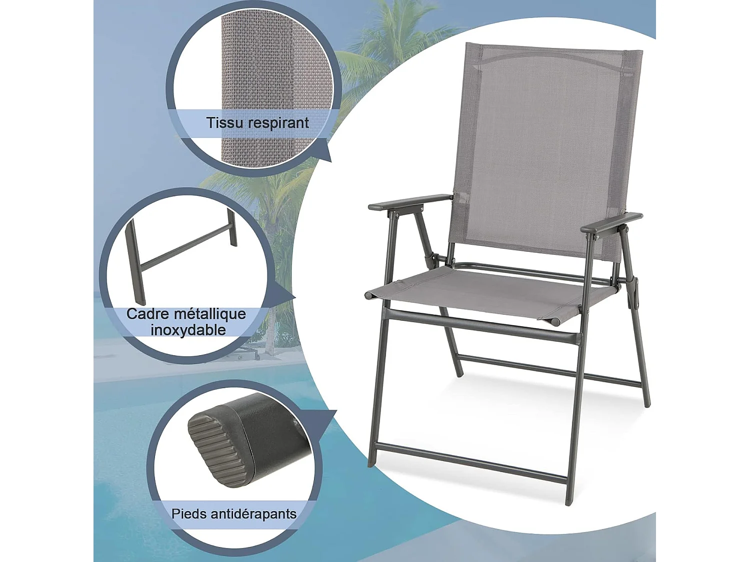 Lot de 2 Chaises de Jardin Pliantes en Textilène & Métal Charge 150 kg Fauteuil de Jardin avec Verrouillage de SécuritéGris