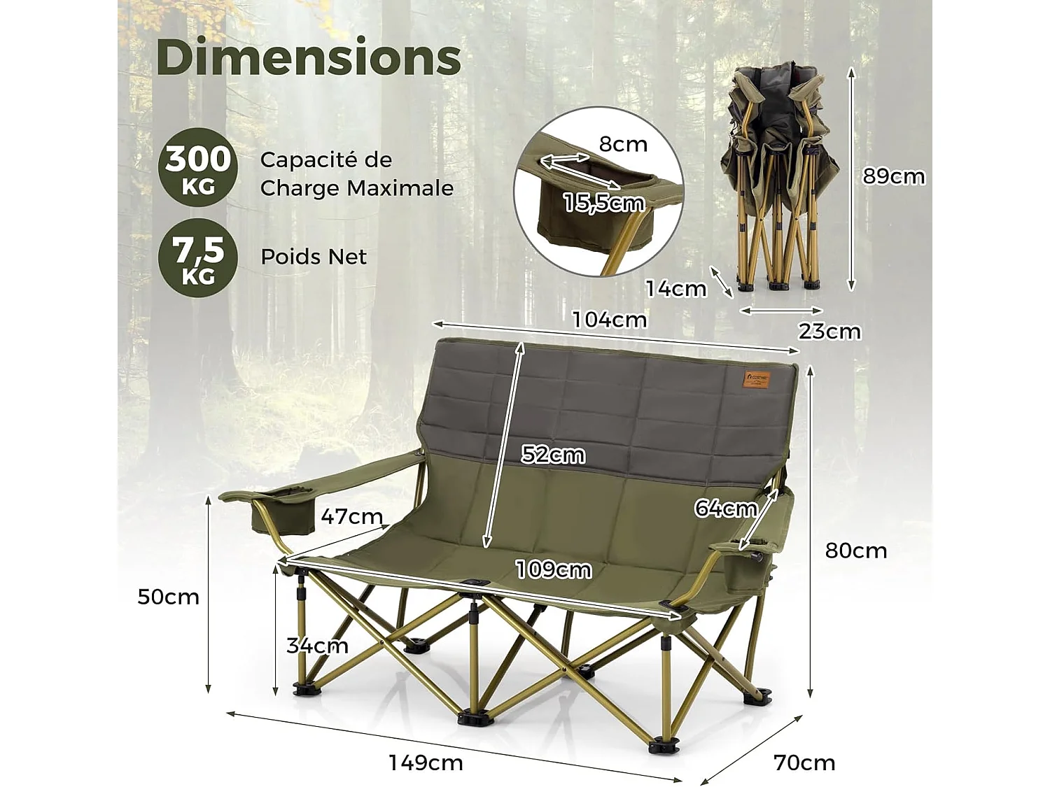 Chaise de Camping Surdimensionnée, Chaise de Pique-Nique Portable à 2 Places, Chaise de Plage avec Porte-gobelet et Sac de Transport, Charge 300 KG (Vert,149 x 70 x 80 cm)