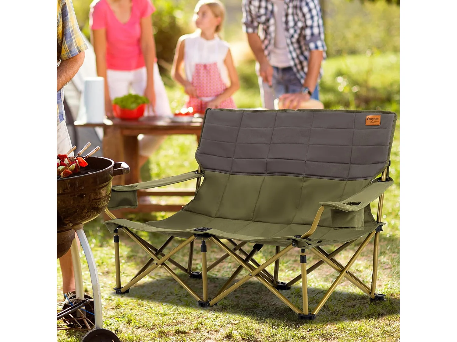 Extra grote kampeerstoel, draagbare picknickstoel voor 2 personen, strandstoel met bekerhouder en draagtas, draagvermogen 300 kg (groen, 149 x 70 x 80 cm)