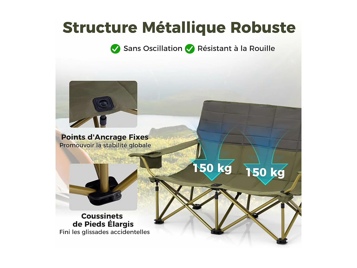 Extra grote kampeerstoel, draagbare picknickstoel voor 2 personen, strandstoel met bekerhouder en draagtas, draagvermogen 300 kg (groen, 149 x 70 x 80 cm)