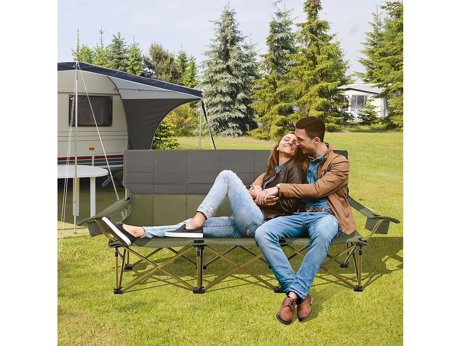 Chaise de Camping Surdimensionnée, Chaise de Pique-Nique Portable à 3 Places, Chaise de Plage avec Porte-gobelet et Sac de Transport, Charge 450 KG（Vert）