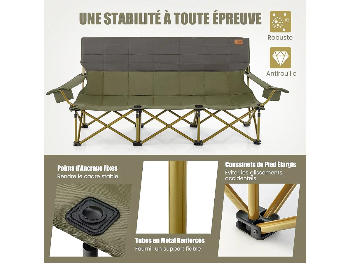 Chaise de Camping Surdimensionnée, Chaise de Pique-Nique Portable à 3 Places, Chaise de Plage avec Porte-gobelet et Sac de Transport, Charge 450 KG（Vert）