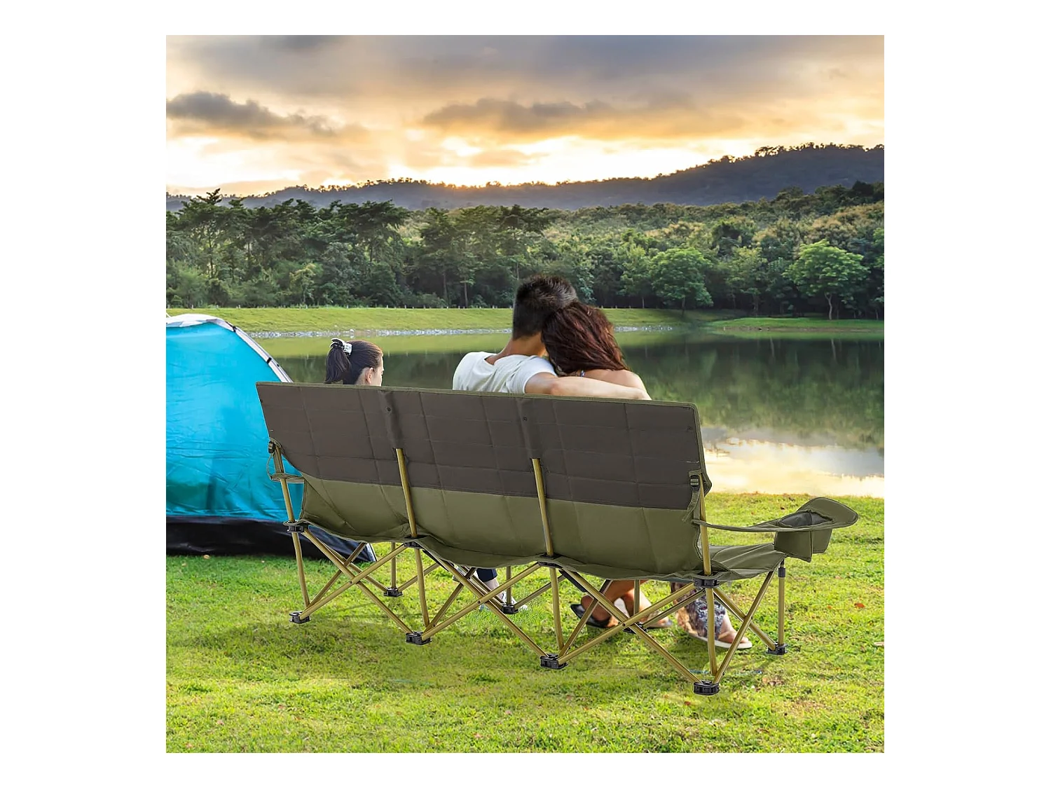Chaise de Camping Surdimensionnée, Chaise de Pique-Nique Portable à 3 Places, Chaise de Plage avec Porte-gobelet et Sac de Transport, Charge 450 KG（Vert）