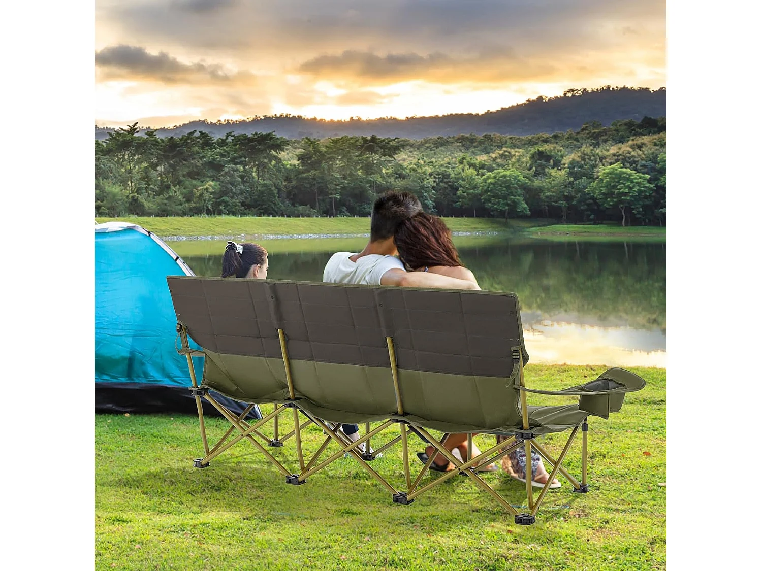 Extra grote kampeerstoel, draagbare picknickstoel voor 3 personen, strandstoel met bekerhouder en draagtas, draagvermogen 450 kg (196 x 70 x 82 cm, groen)