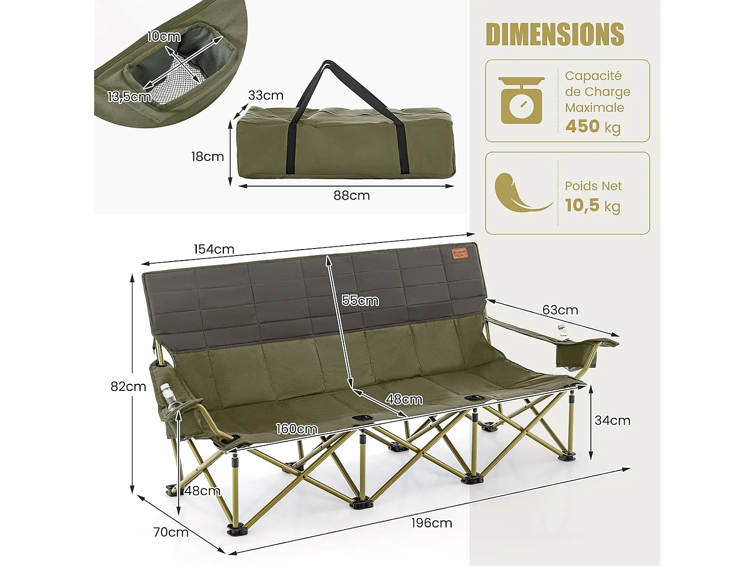 Extra grote kampeerstoel, draagbare picknickstoel voor 3 personen, strandstoel met bekerhouder en draagtas, draagvermogen 450 kg (196 x 70 x 82 cm, groen)