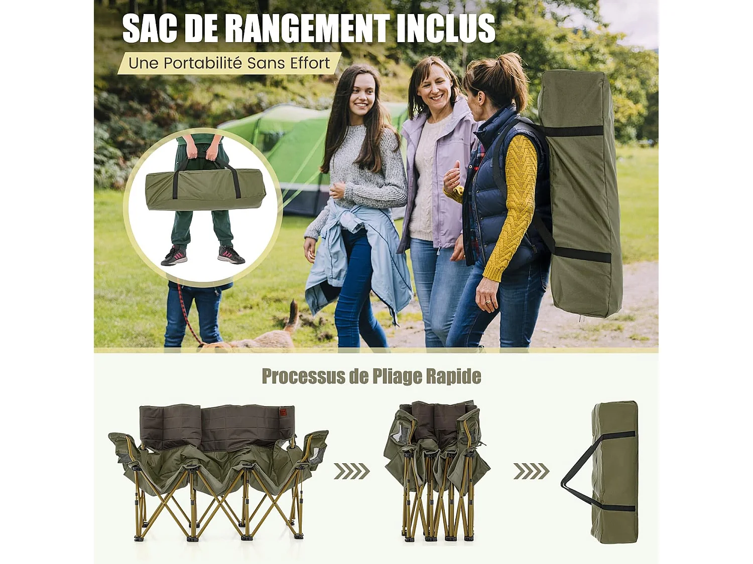 Extra grote kampeerstoel, draagbare picknickstoel voor 3 personen, strandstoel met bekerhouder en draagtas, draagvermogen 450 kg (196 x 70 x 82 cm, groen)