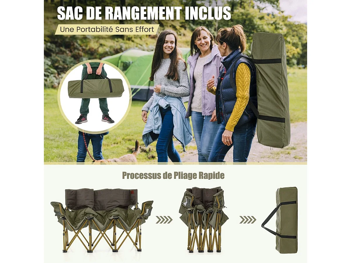 Extra grote kampeerstoel, draagbare picknickstoel voor 3 personen, strandstoel met bekerhouder en draagtas, draagvermogen 450 kg (196 x 70 x 82 cm, groen)