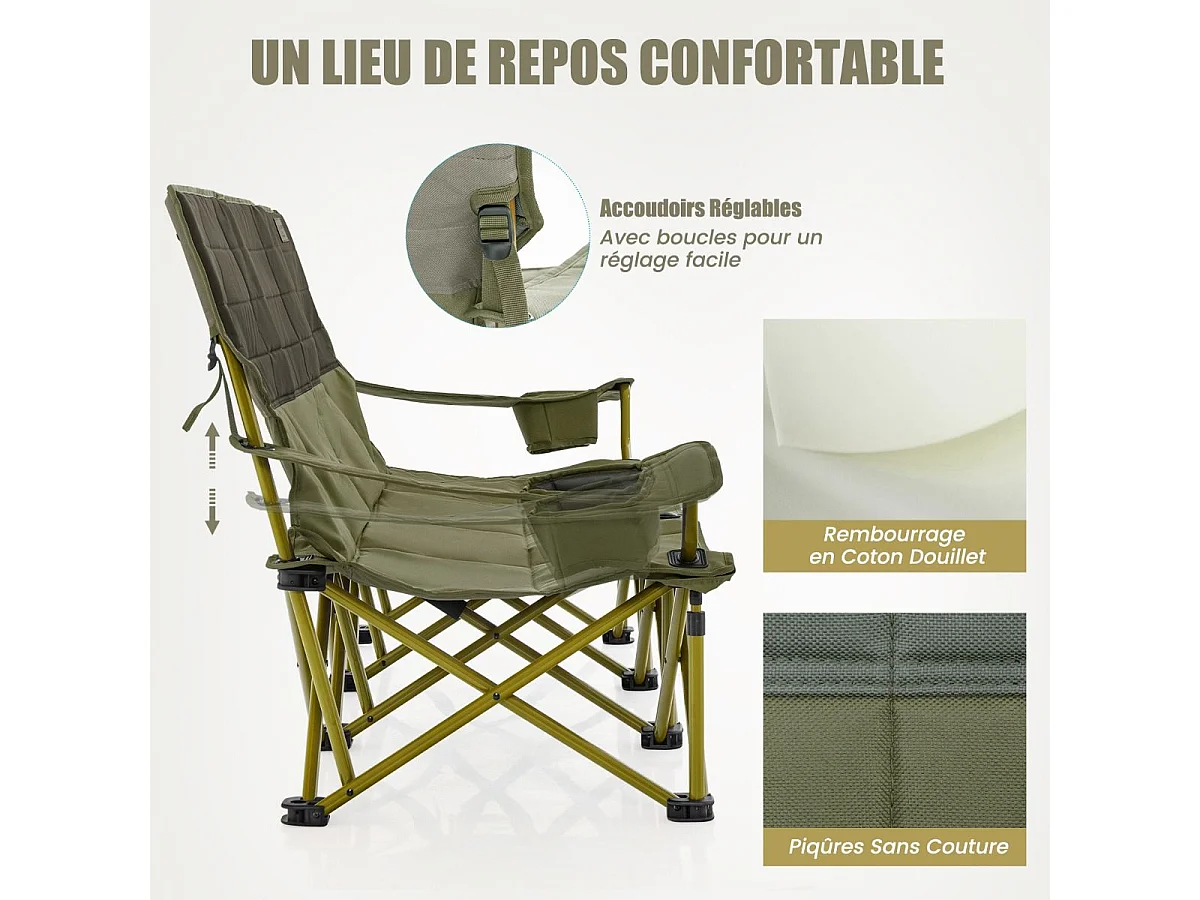 Extra grote kampeerstoel, draagbare picknickstoel voor 3 personen, strandstoel met bekerhouder en draagtas, draagvermogen 450 kg (196 x 70 x 82 cm, groen)