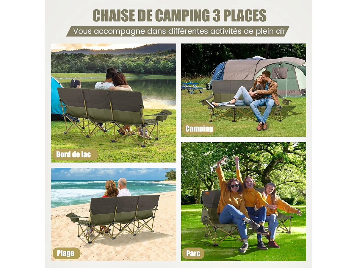 Extra grote kampeerstoel, draagbare picknickstoel voor 3 personen, strandstoel met bekerhouder en draagtas, draagvermogen 450 kg (196 x 70 x 82 cm, groen)