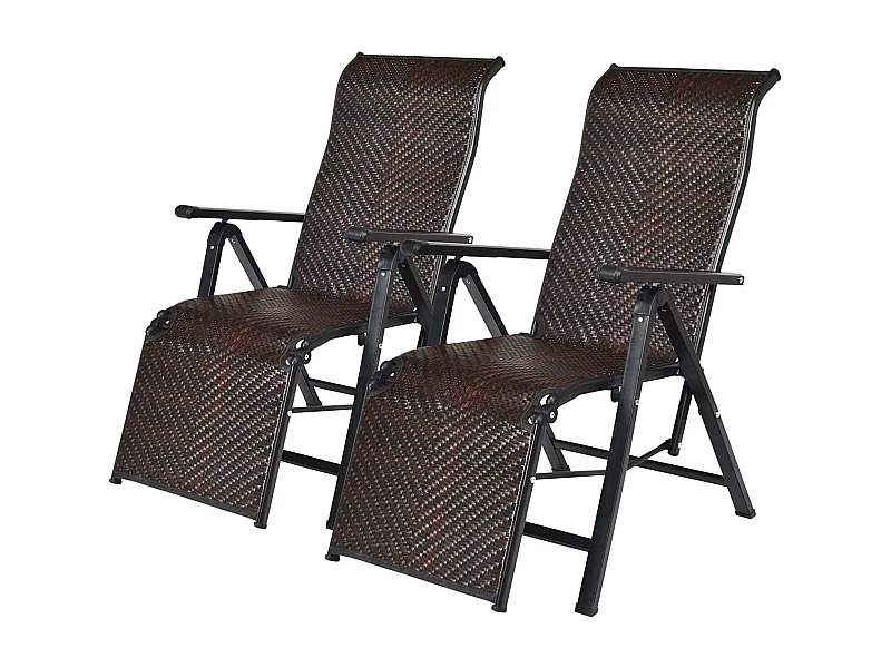 Lot de 2 Transat Chaises Longues de Jardin en Rotin et fibre naturelle avec Position Réglable et Accoudoir, Cadre en Fer, pour, Terrasse, Plage