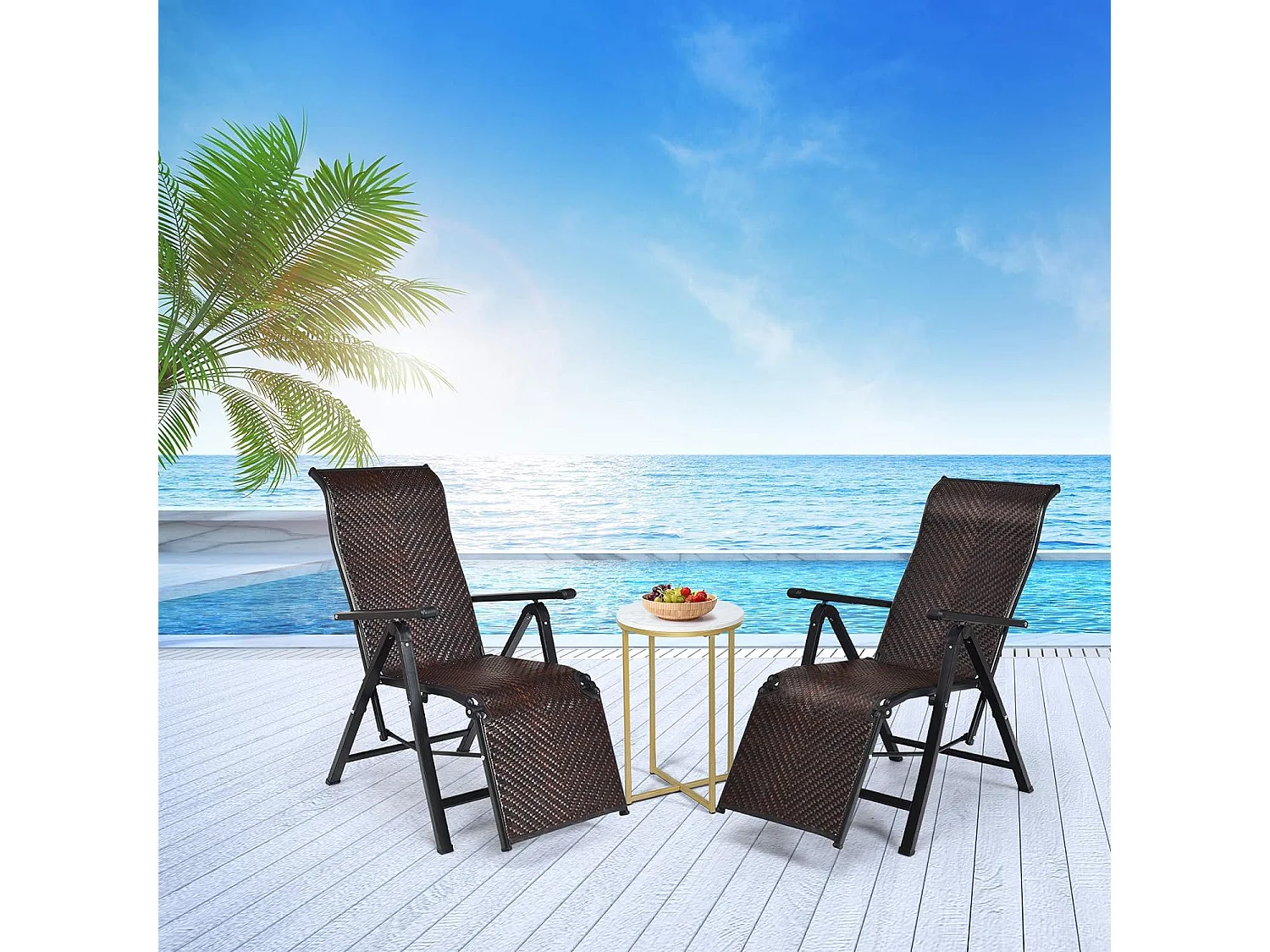 Lot de 2 Transat Chaises Longues de Jardin en Rotin et fibre naturelle avec Position Réglable et Accoudoir, Cadre en Fer, pour, Terrasse, Plage
