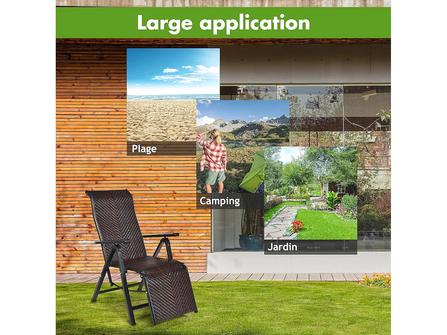 Lot de 2 Transat Chaises Longues de Jardin en Rotin et fibre naturelle avec Position Réglable et Accoudoir, Cadre en Fer, pour, Terrasse, Plage