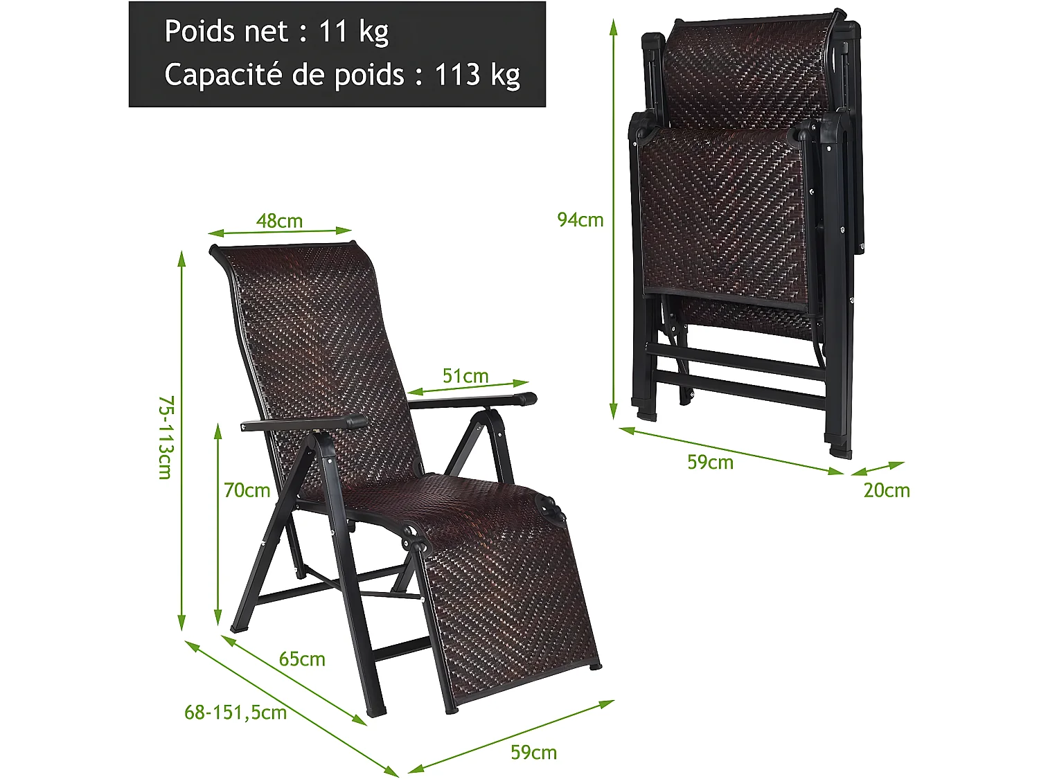 Lot de 2 Transat Chaises Longues de Jardin en Rotin et fibre naturelle avec Position Réglable et Accoudoir, Cadre en Fer, pour, Terrasse, Plage