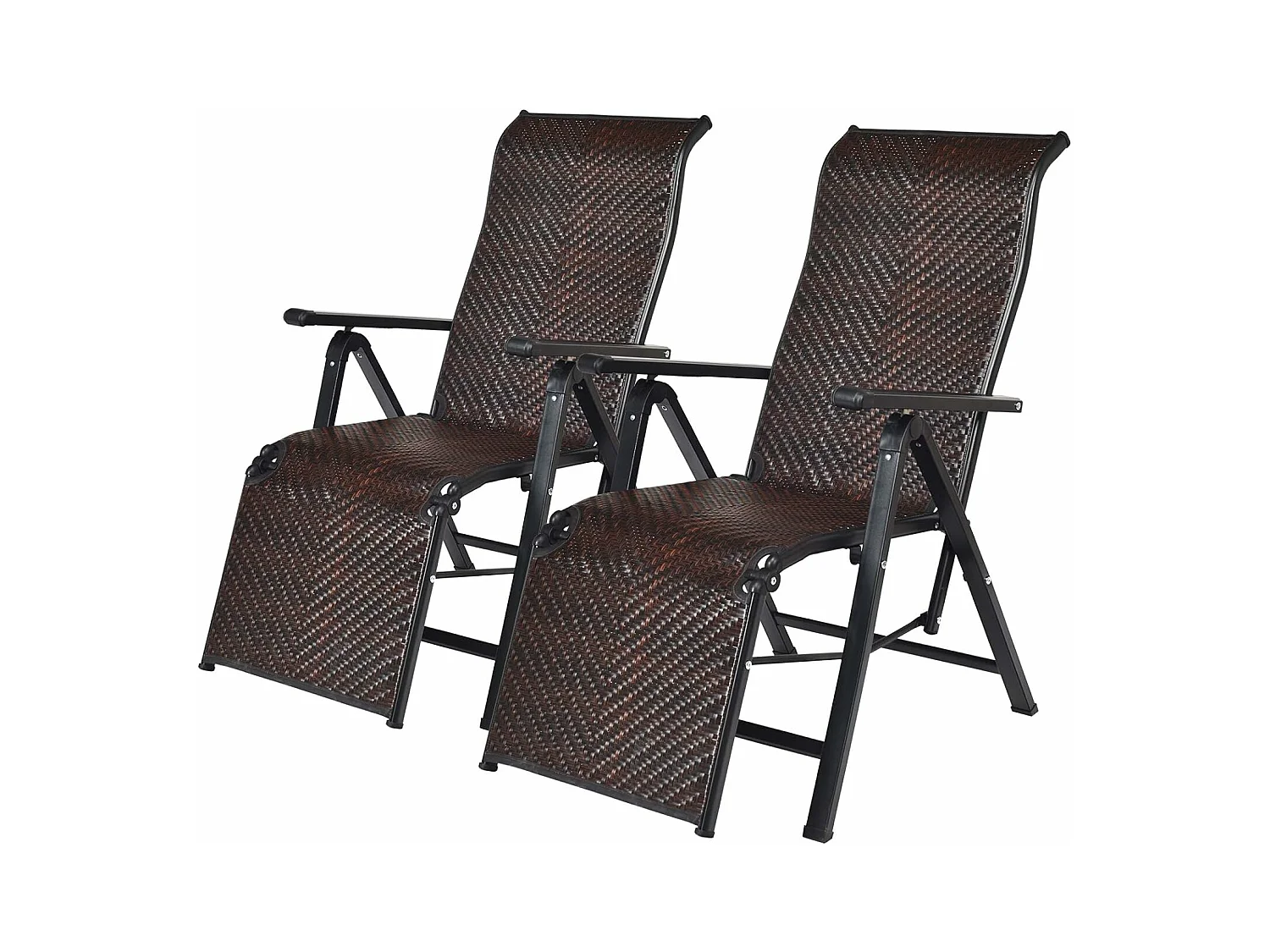 Lot de 2 Transat Chaises Longues de Jardin en Rotin et fibre naturelle avec Position Réglable et Accoudoir, Cadre en Fer, pour, Terrasse, Plage
