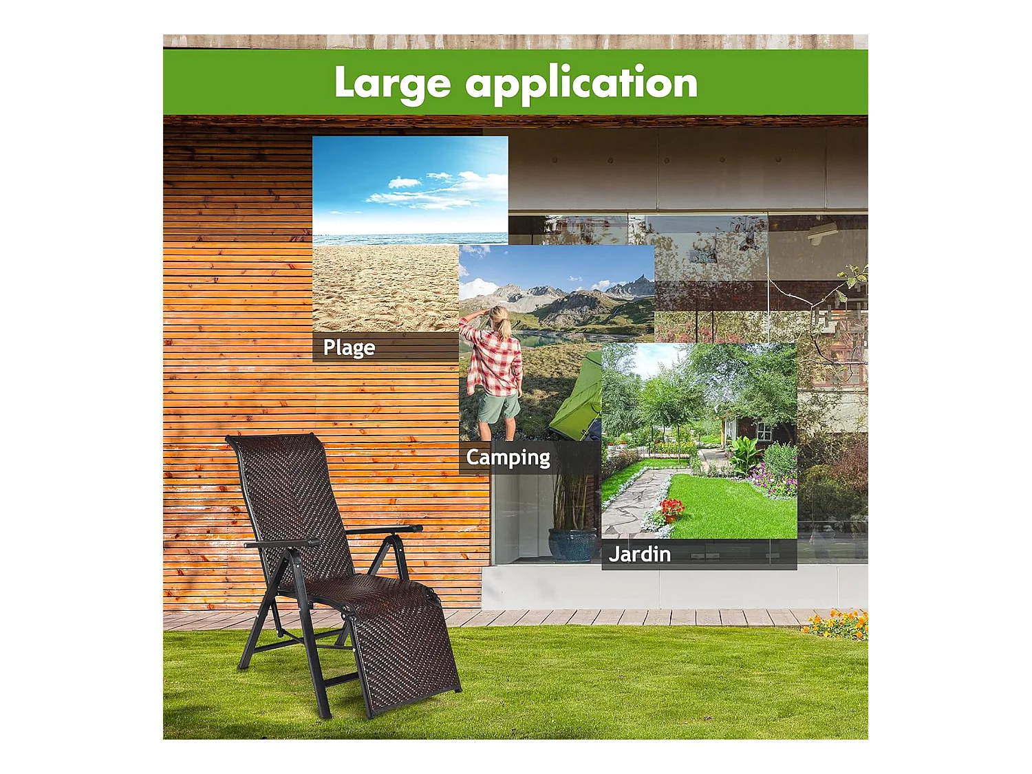 Lot de 2 Transat Chaises Longues de Jardin en Rotin et fibre naturelle avec Position Réglable et Accoudoir, Cadre en Fer, pour, Terrasse, Plage