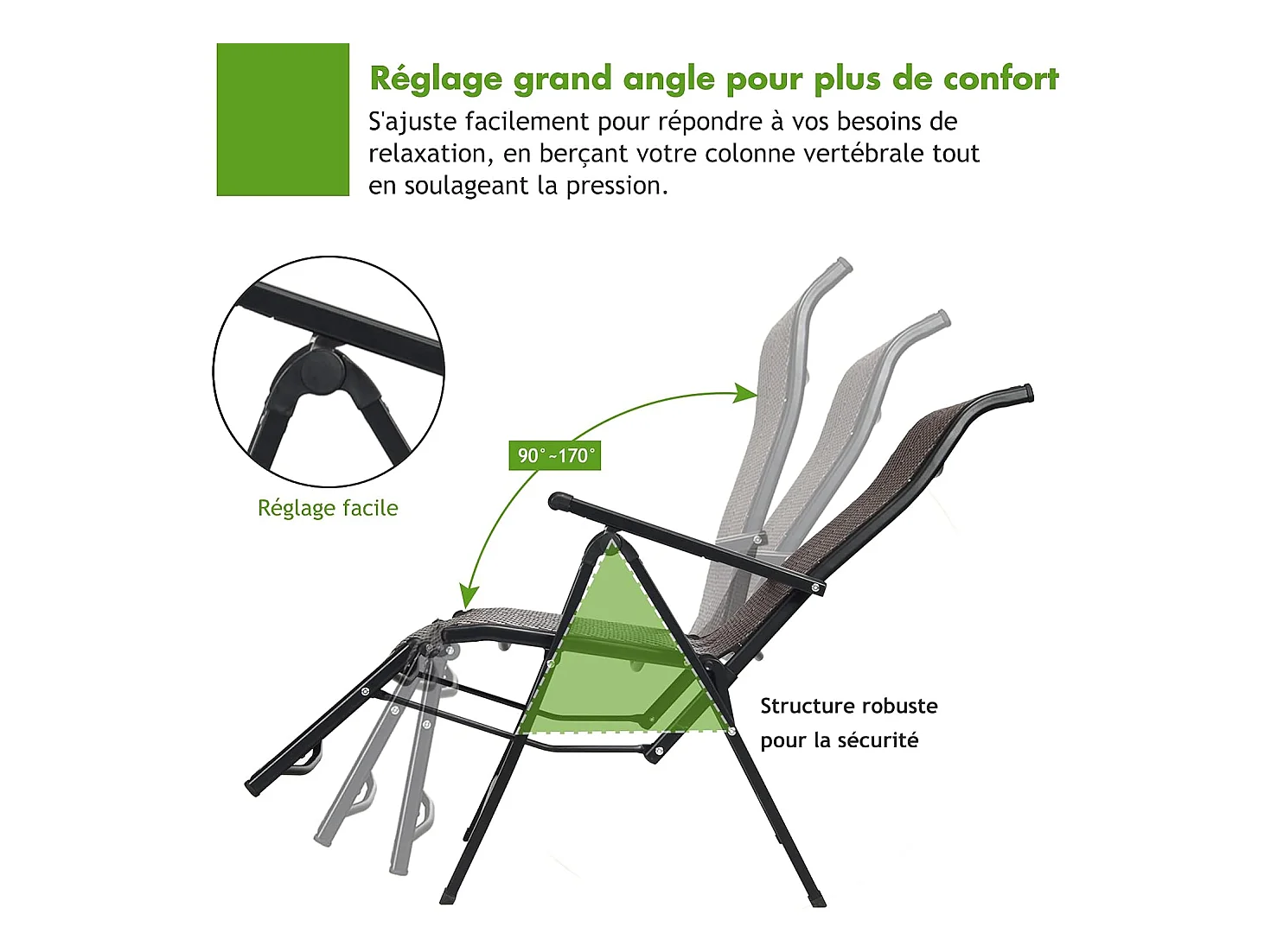 Lot de 2 Transat Chaises Longues de Jardin en Rotin et fibre naturelle avec Position Réglable et Accoudoir, Cadre en Fer, pour, Terrasse, Plage