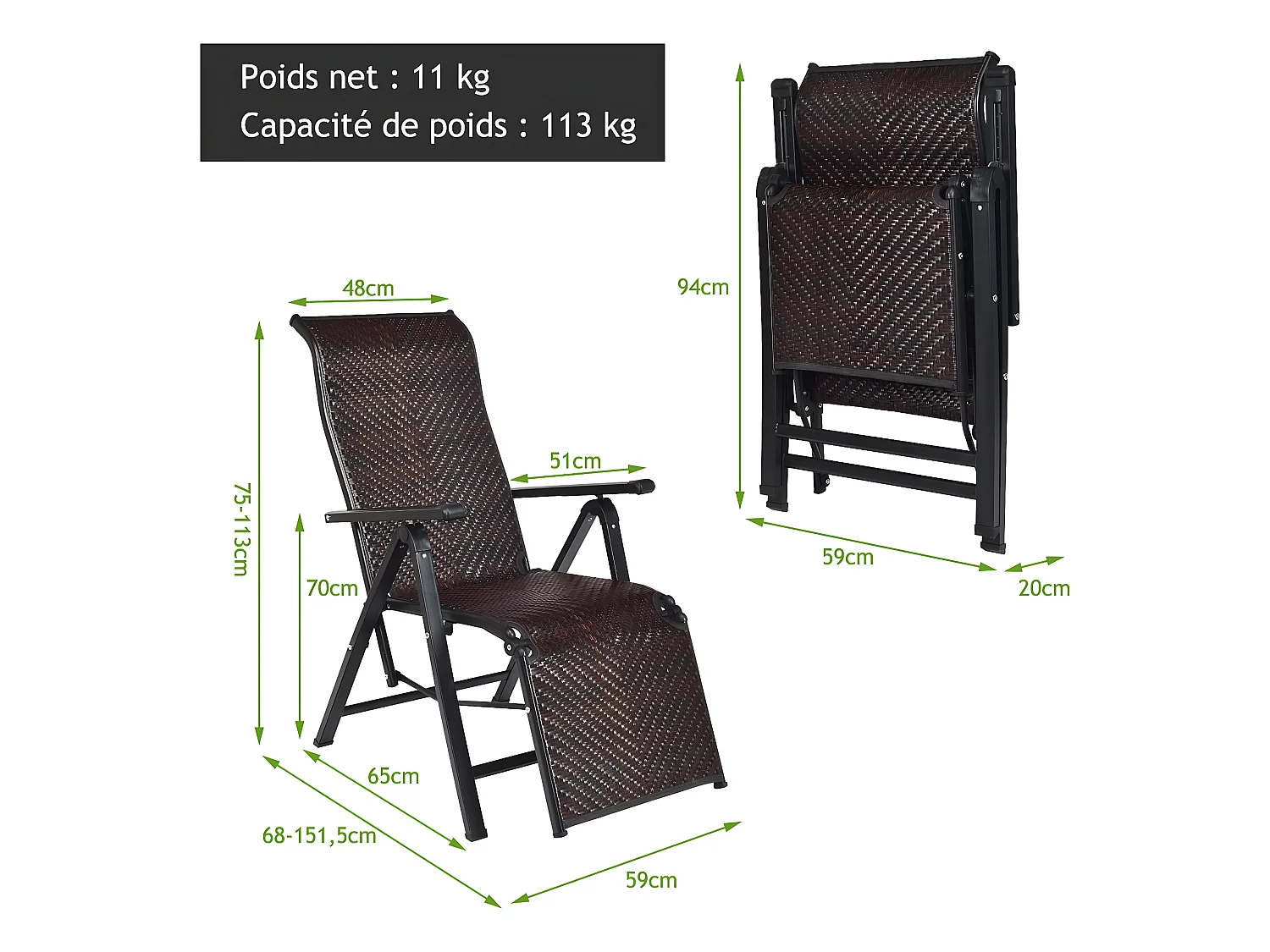 Lot de 2 Transat Chaises Longues de Jardin en Rotin et fibre naturelle avec Position Réglable et Accoudoir, Cadre en Fer, pour, Terrasse, Plage