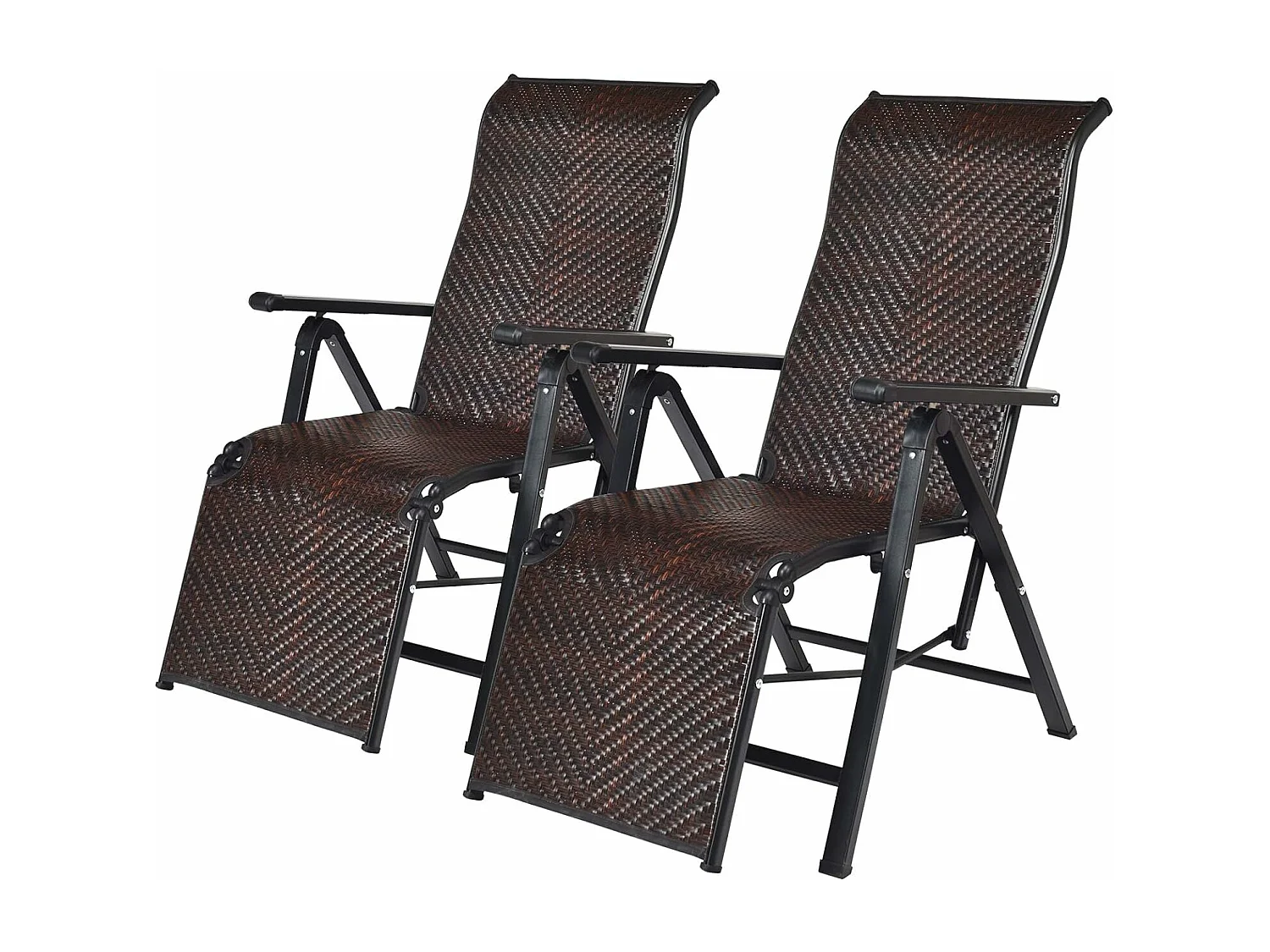 Lot de 2 Transat Chaises Longues de Jardin en Rotin et fibre naturelle avec Position Réglable et Accoudoir, Cadre en Fer, pour, Terrasse, Plage