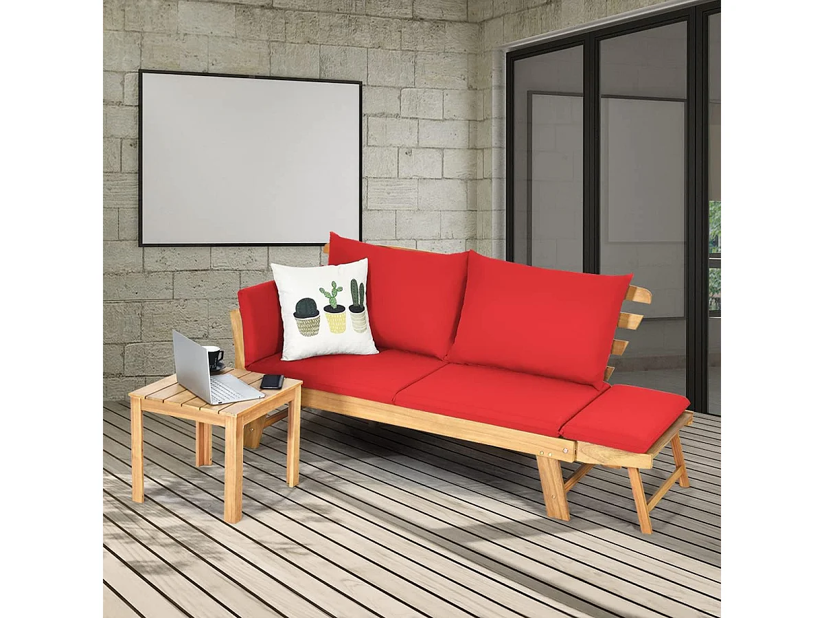 Canapé Lit de Jardin Convertible 2 Places en Bois d’Acacia avec Coussin, Canapé de Jardin 2 en 1 avec Accoudoir Réglable Charge 320KG, pour Patio Piscine (Rouge)