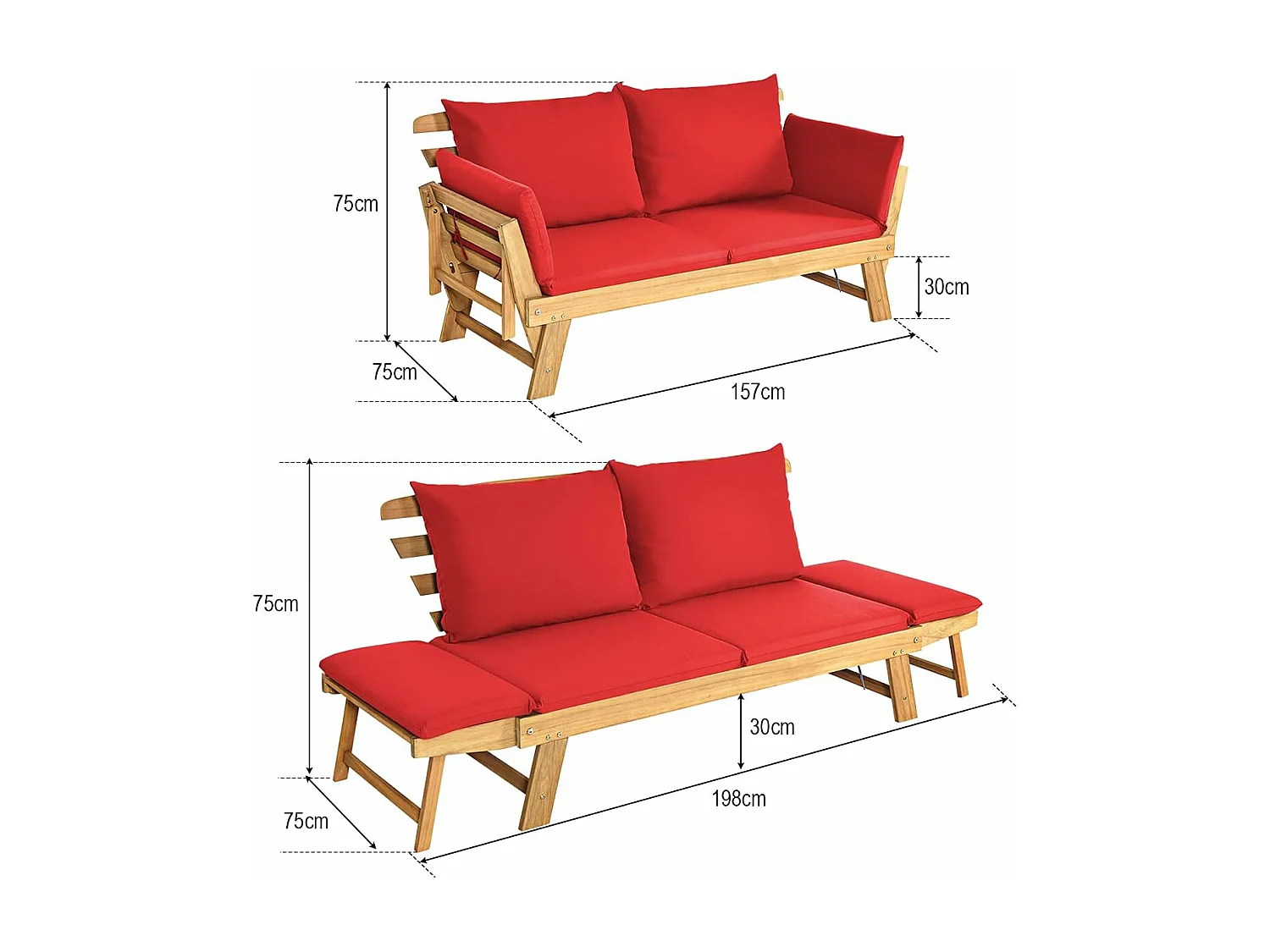 Canapé Lit de Jardin Convertible 2 Places en Bois d’Acacia avec Coussin, Canapé de Jardin 2 en 1 avec Accoudoir Réglable Charge 320KG, pour Patio Piscine (Rouge)