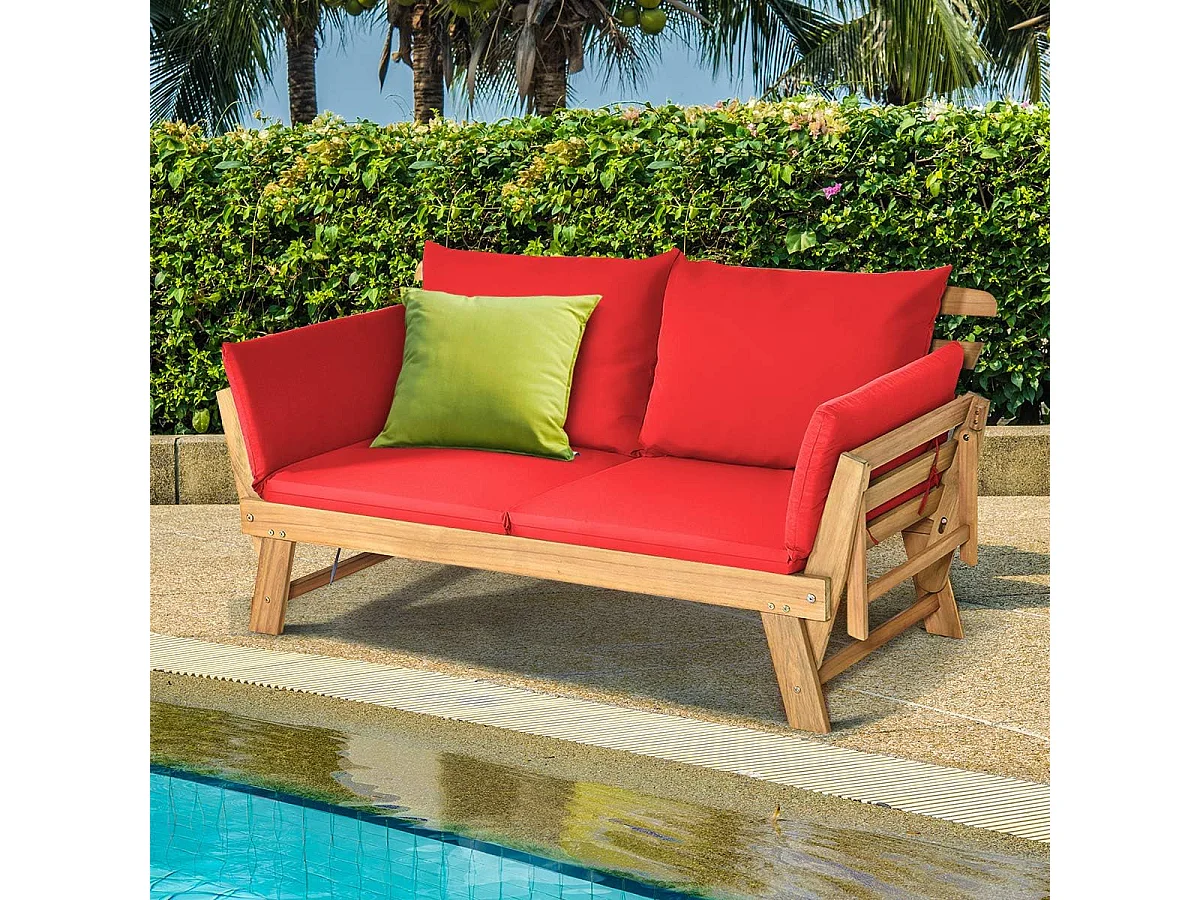 Canapé Lit de Jardin Convertible 2 Places en Bois d’Acacia avec Coussin, Canapé de Jardin 2 en 1 avec Accoudoir Réglable Charge 320KG, pour Patio Piscine (Rouge)
