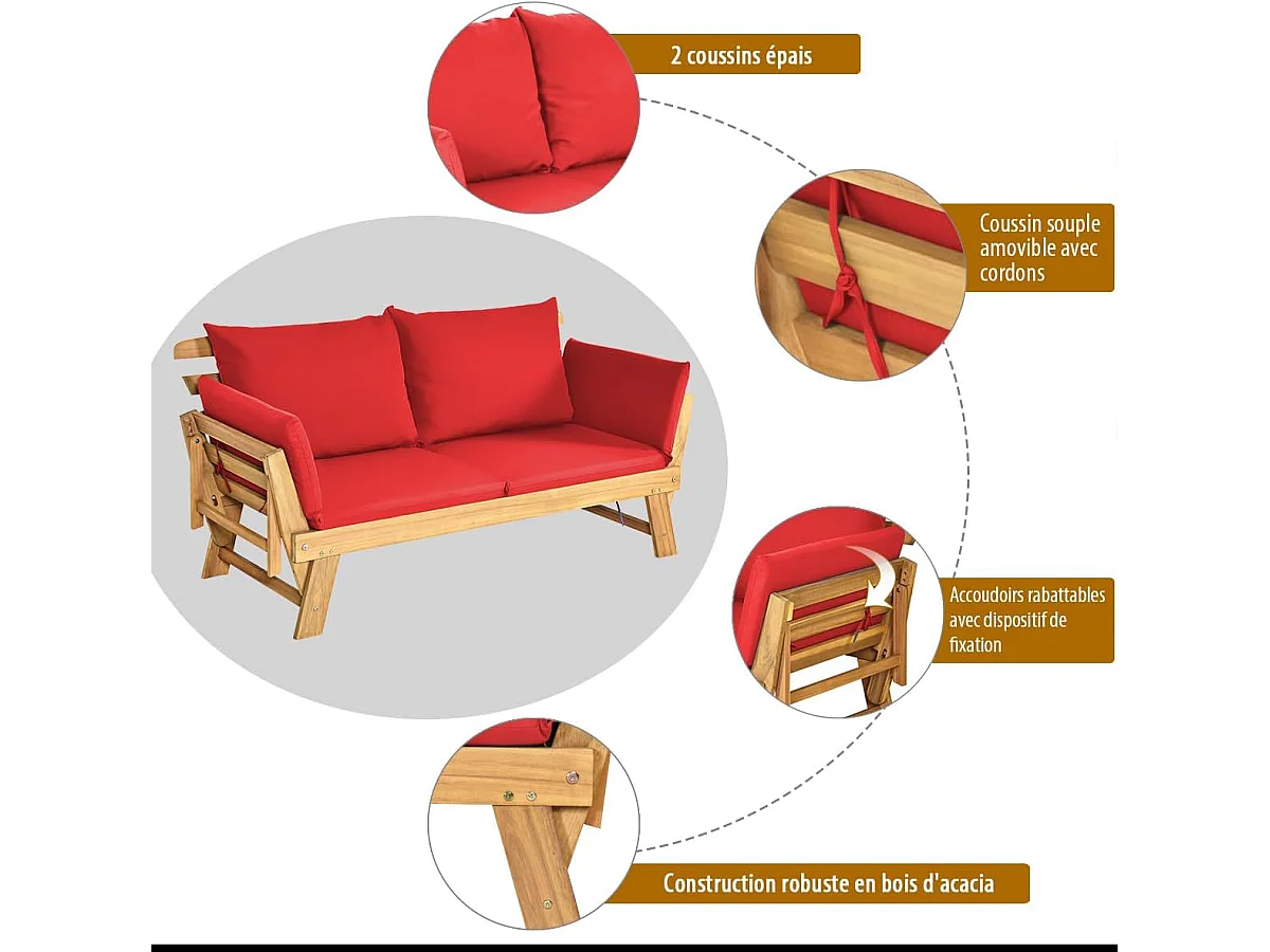 Canapé Lit de Jardin Convertible 2 Places en Bois d’Acacia avec Coussin, Canapé de Jardin 2 en 1 avec Accoudoir Réglable Charge 320KG, pour Patio Piscine (Rouge)
