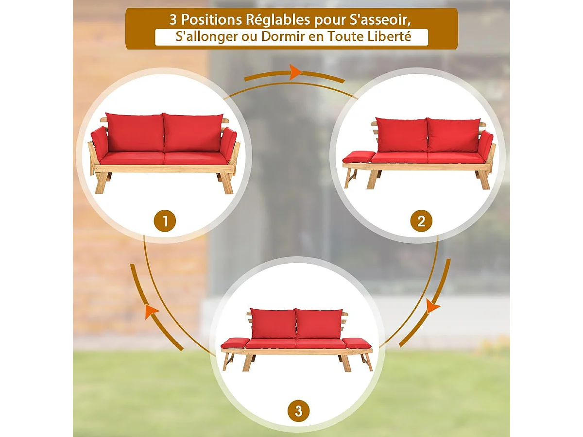 Canapé Lit de Jardin Convertible 2 Places en Bois d’Acacia avec Coussin, Canapé de Jardin 2 en 1 avec Accoudoir Réglable Charge 320KG, pour Patio Piscine (Rouge)