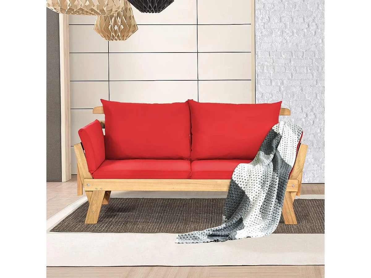 Canapé Lit de Jardin Convertible 2 Places en Bois d’Acacia avec Coussin, Canapé de Jardin 2 en 1 avec Accoudoir Réglable Charge 320KG, pour Patio Piscine (Rouge)