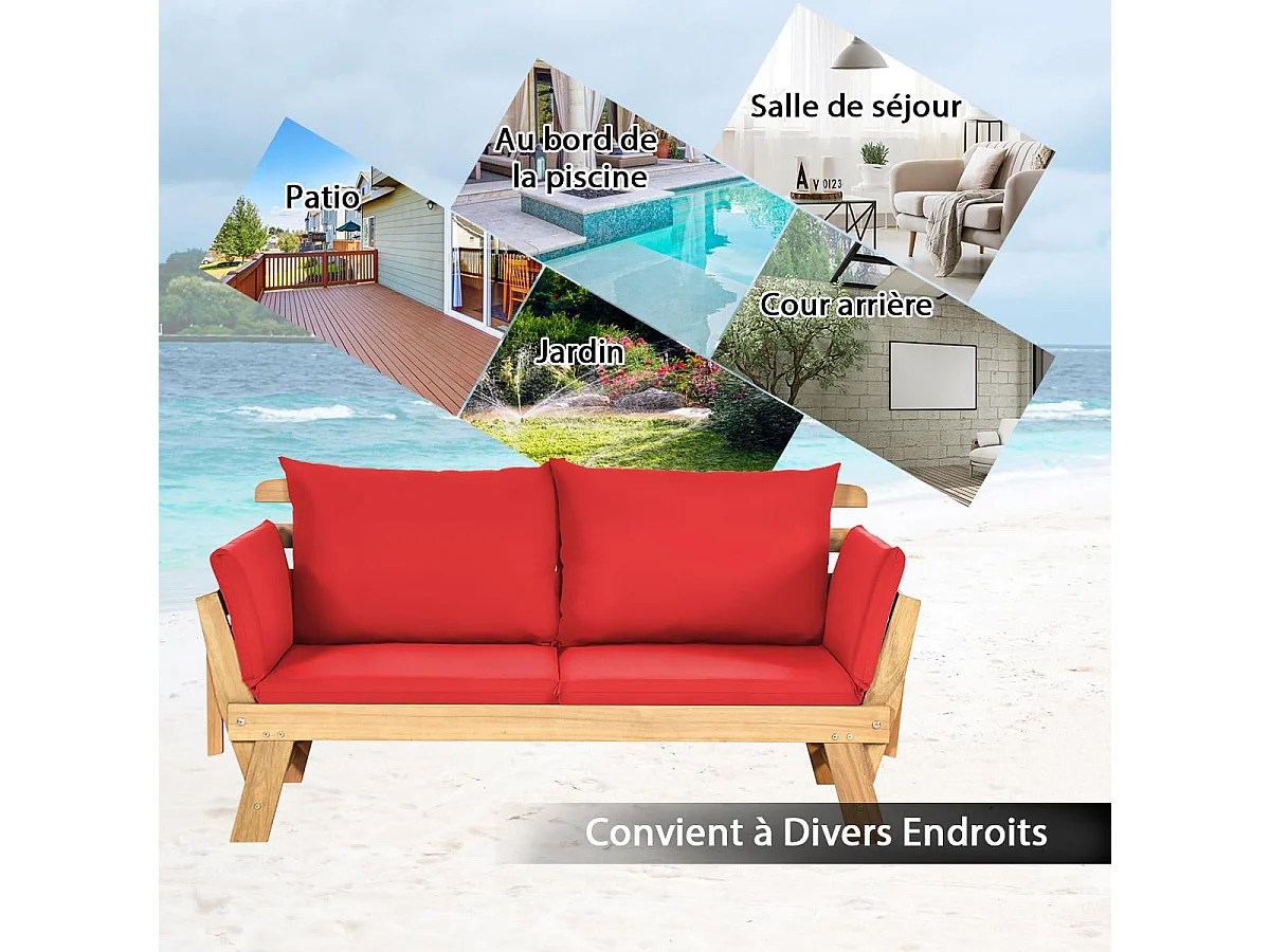 Canapé Lit de Jardin Convertible 2 Places en Bois d’Acacia avec Coussin, Canapé de Jardin 2 en 1 avec Accoudoir Réglable Charge 320KG, pour Patio Piscine (Rouge)
