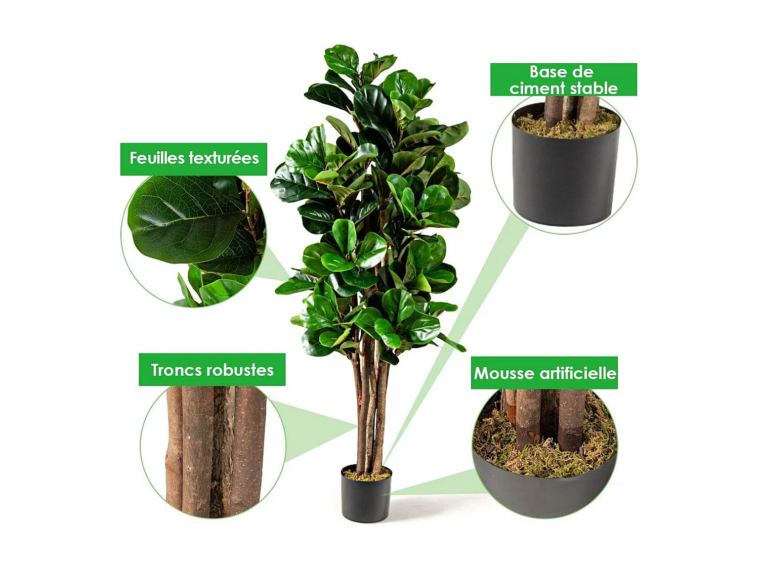 Plante Artificielle avec Pot, Figuier à Feuilles de Violon Artificiel de 1,5m