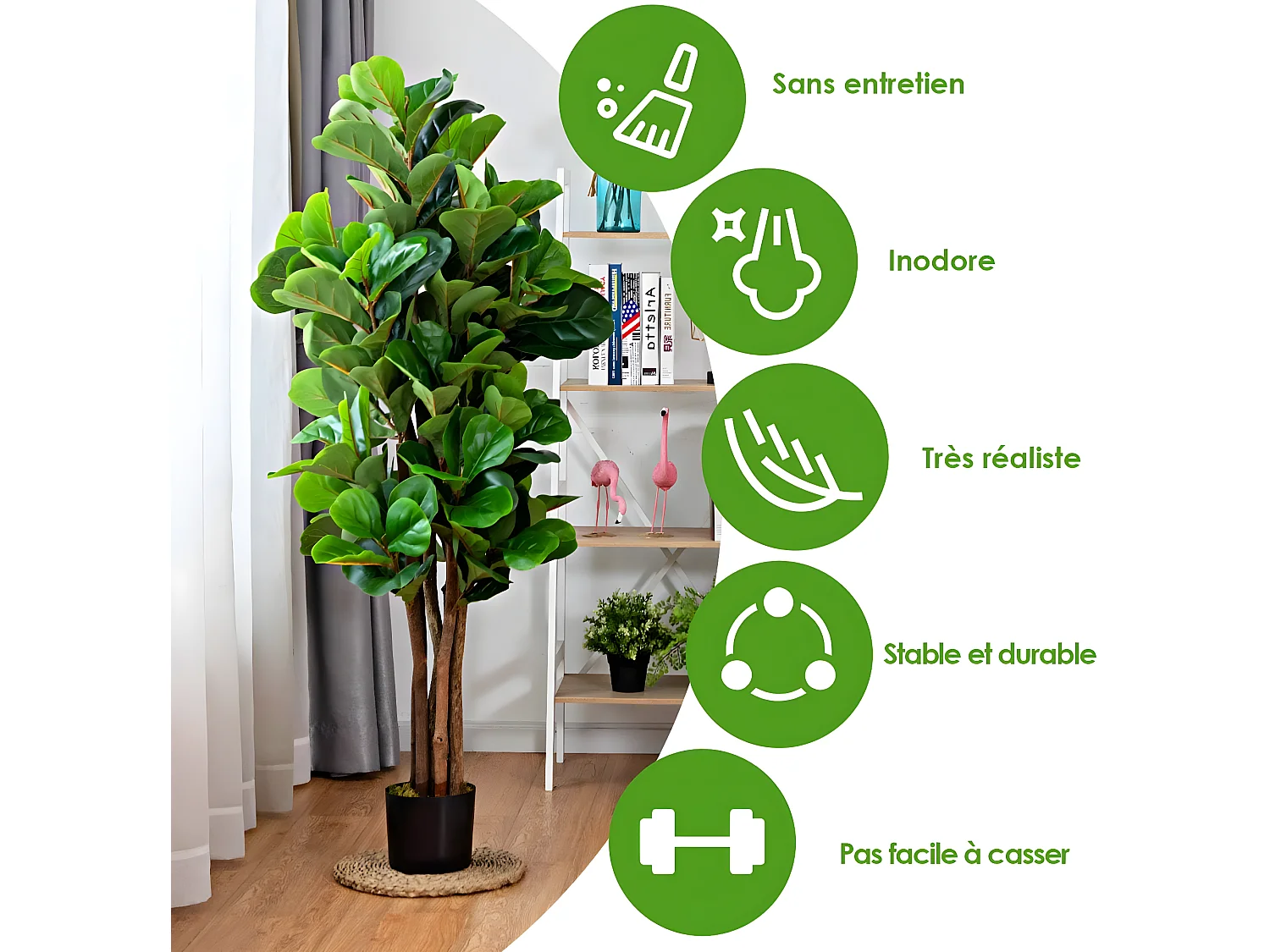 Plante Artificielle avec Pot, Figuier à Feuilles de Violon Artificiel de 1,5m