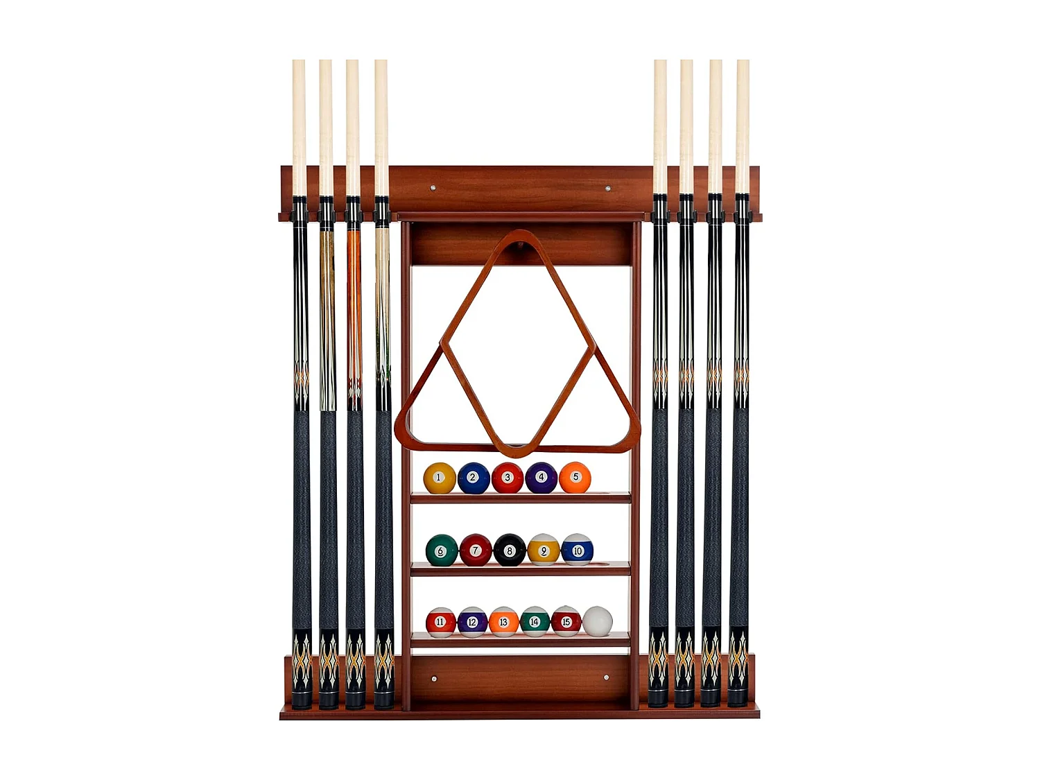 Porte-Queues de Billard Mural, Support de Billard 8 Queues et Rainures à 3 Niveaux 15 Porte-balles, 1 Porte-boules en Bois de Pin pour Salle de Billard, Club (Marron)