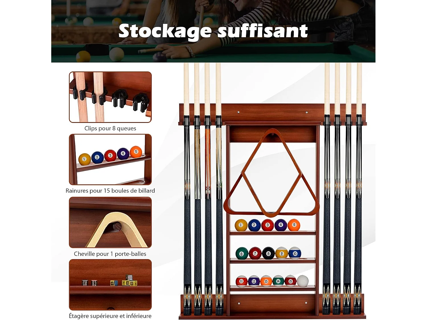 Porte-Queues de Billard Mural, Support de Billard 8 Queues et Rainures à 3 Niveaux 15 Porte-balles, 1 Porte-boules en Bois de Pin pour Salle de Billard, Club (Marron)