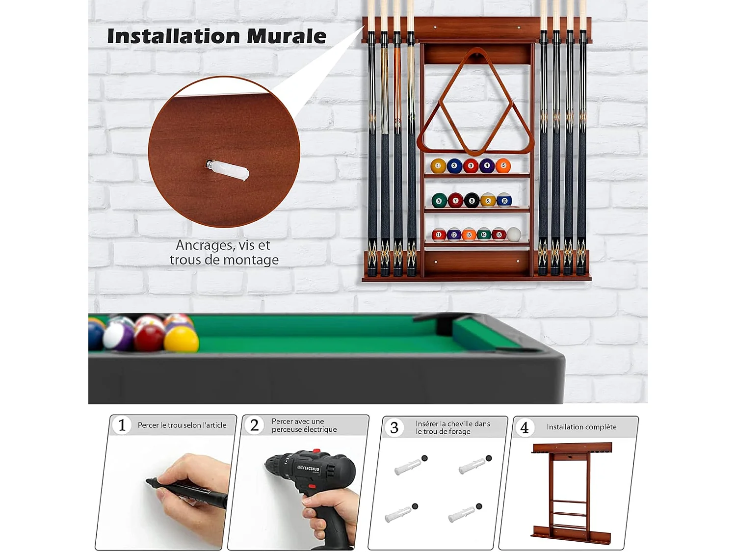 Porte-Queues de Billard Mural, Support de Billard 8 Queues et Rainures à 3 Niveaux 15 Porte-balles, 1 Porte-boules en Bois de Pin pour Salle de Billard, Club (Marron)