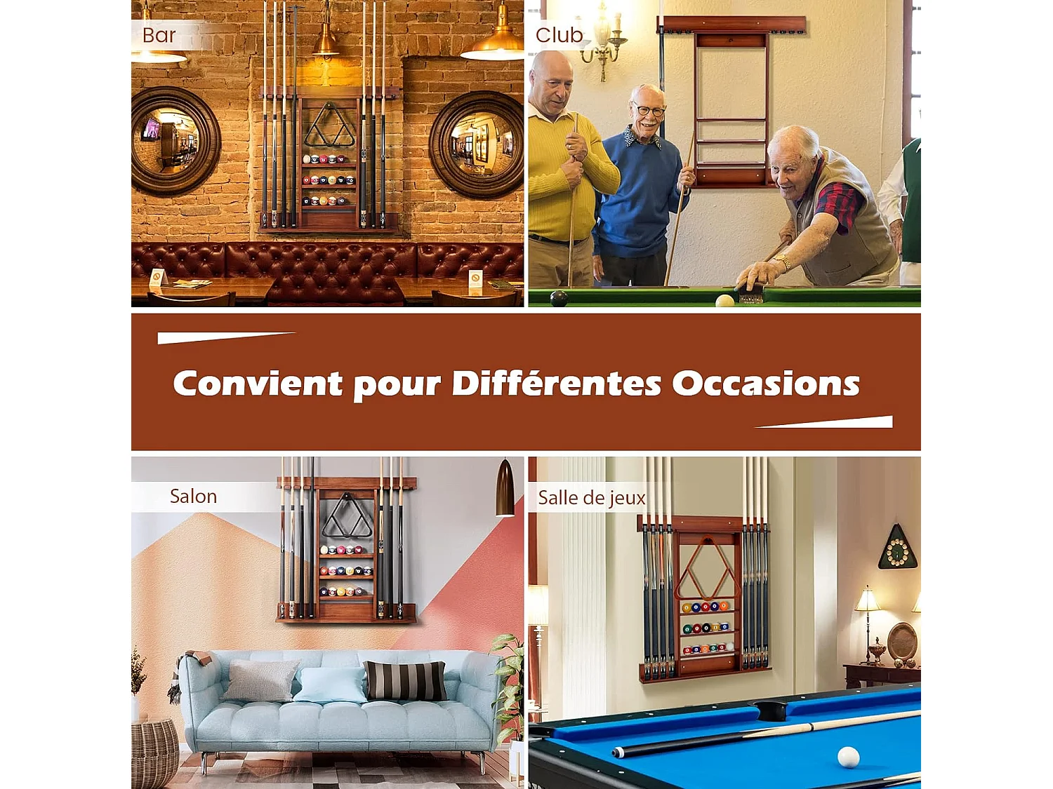 Porte-Queues de Billard Mural, Support de Billard 8 Queues et Rainures à 3 Niveaux 15 Porte-balles, 1 Porte-boules en Bois de Pin pour Salle de Billard, Club (Marron)