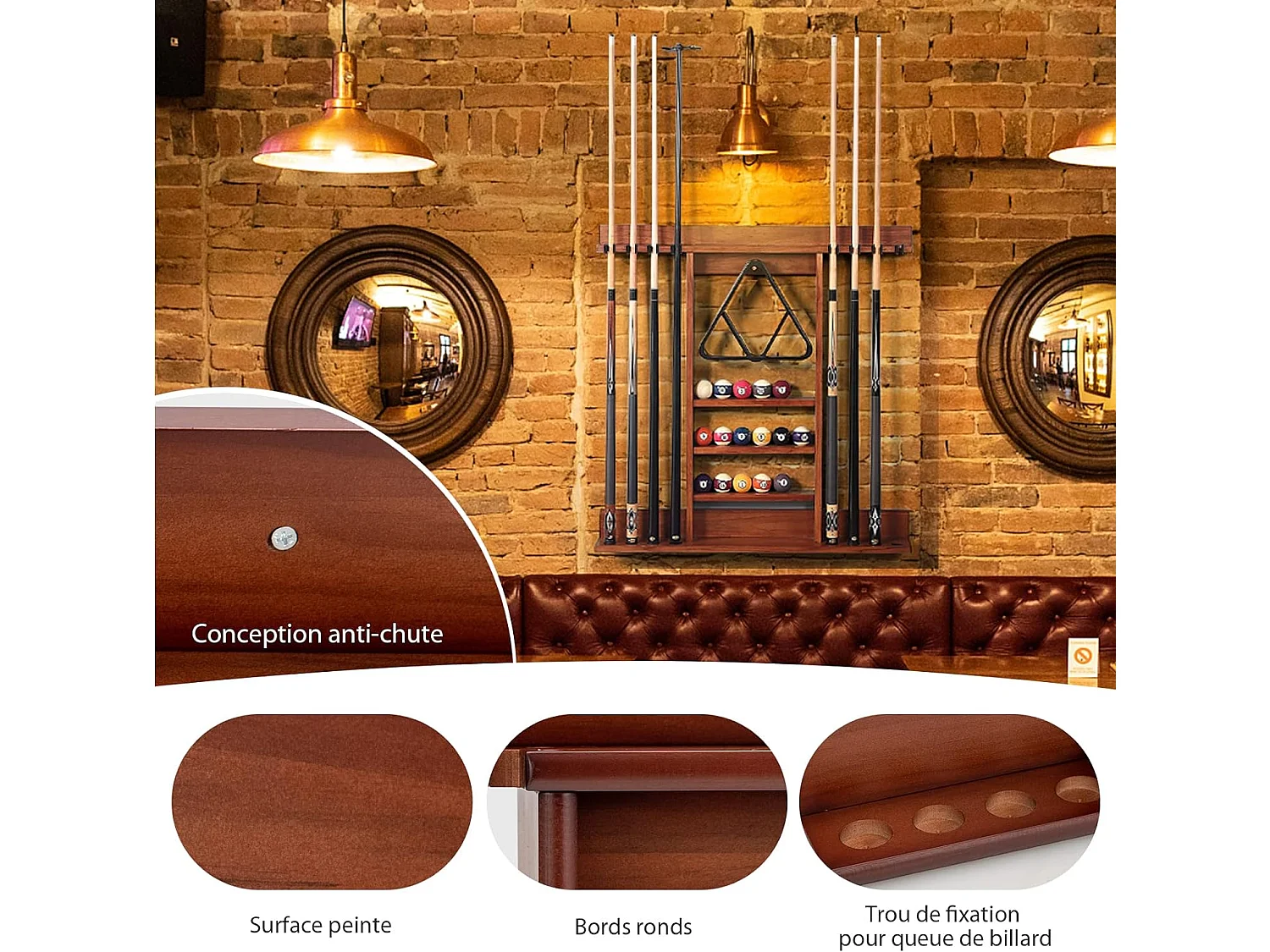 Porte-Queues de Billard Mural, Support de Billard 8 Queues et Rainures à 3 Niveaux 15 Porte-balles, 1 Porte-boules en Bois de Pin pour Salle de Billard, Club (Marron)